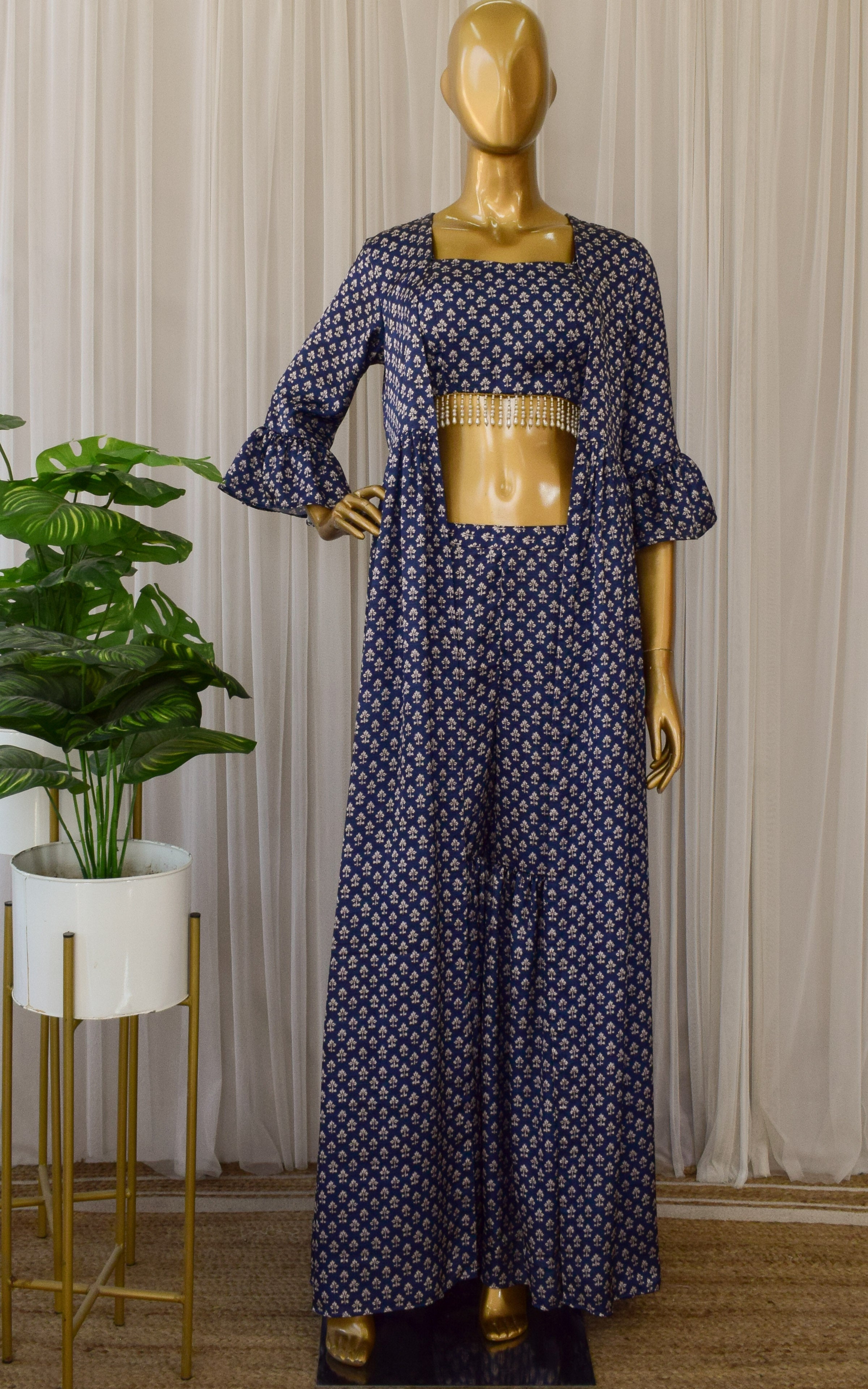 Navy Blue Booti Print Crop Top & Sharara Set
